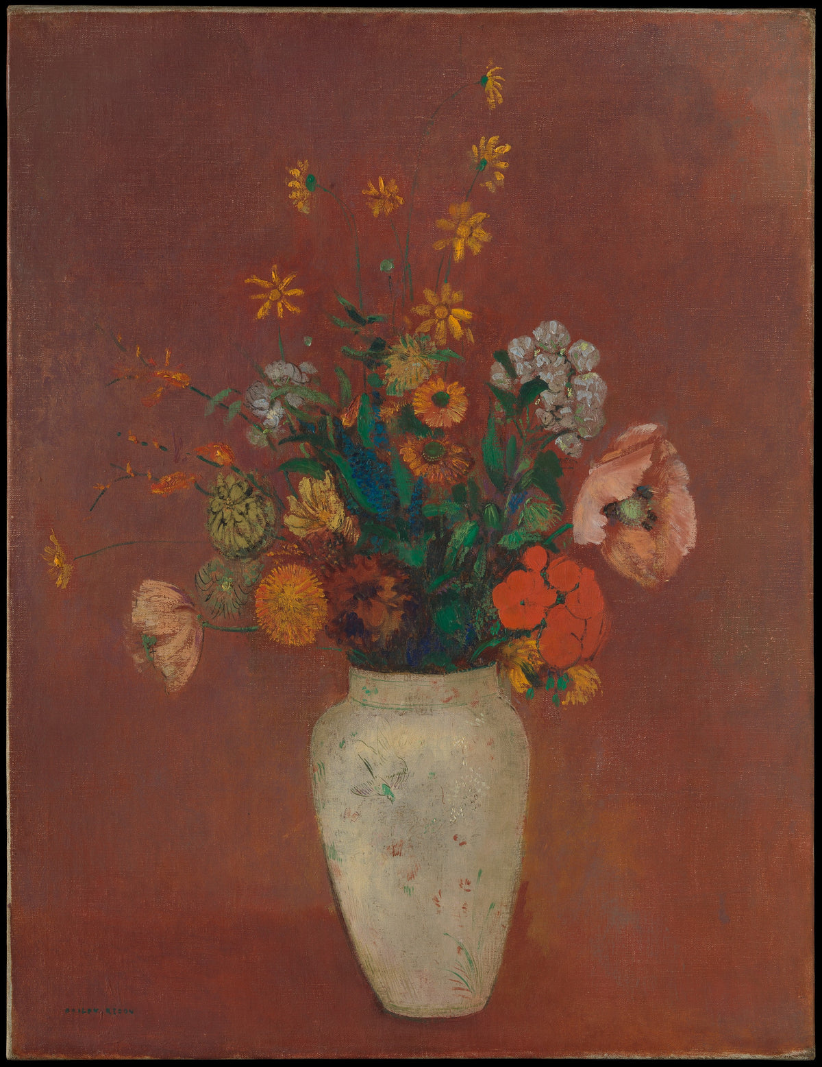 Odilon Redon, Bouquet of Flowers in a Chinese Vase — dreamlike flowers in glowing colors floating above a blue vase