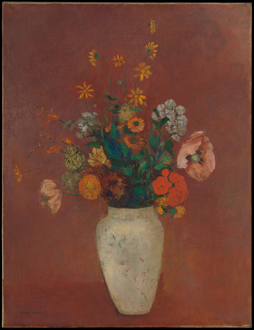 Odilon Redon, Bouquet of Flowers in a Chinese Vase — dreamlike flowers in glowing colors floating above a blue vase