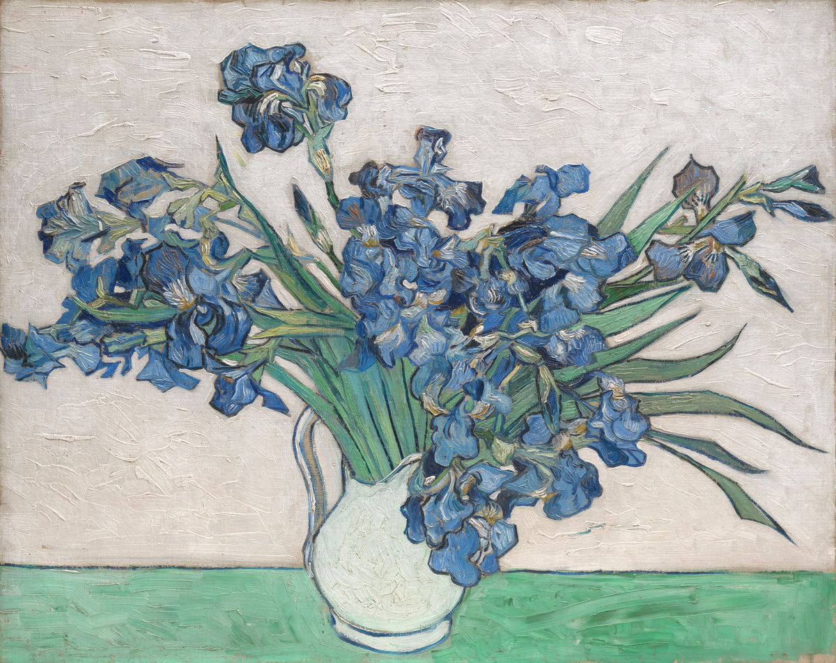Vincent van Gogh, Irises, 1890 — a bouquet of violet irises in a vase against a pale pink-yellow background