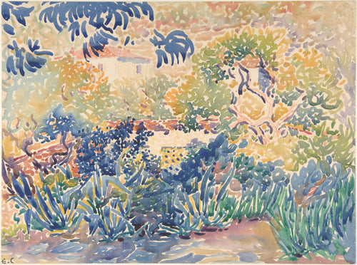 Henri-Edmond Cross, The Artist's Garden at Saint-Clair — loose watercolor of a sunlit Mediterranean garden in dabs of color