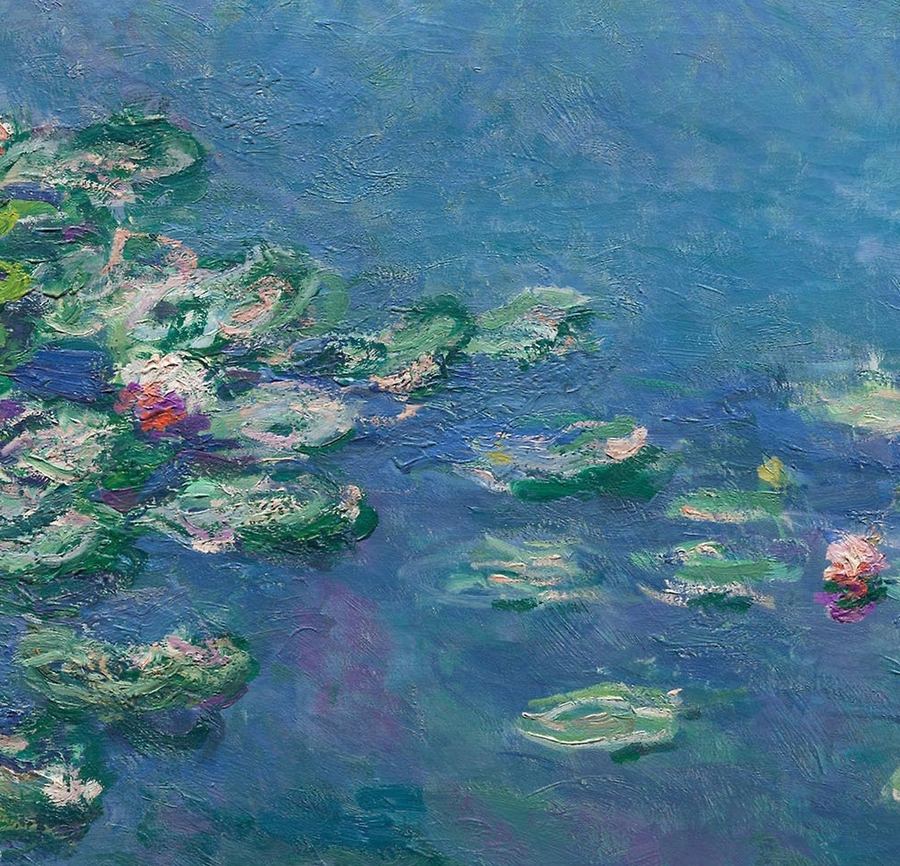 Detail: water lily pads and blossoms, lower left of Monet Water Lilies 1906